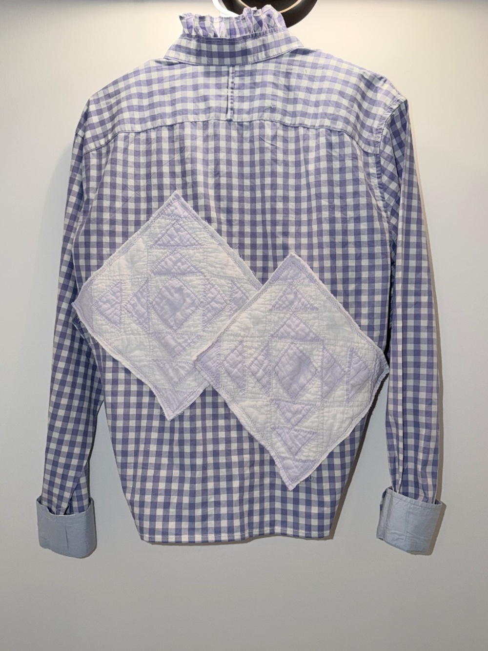 Women's Lavendar & White Gingham Upcycled Ruffle Neck & Quilt Block Blouse